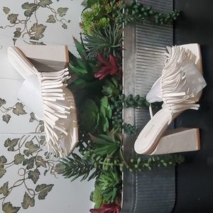 Pretty Little Thing Cream Square Toe Fringe Detail Block High Heeled Mules